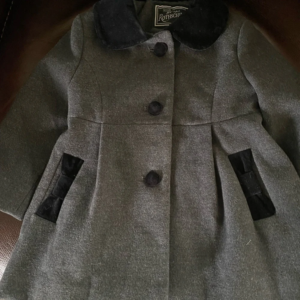 Rothschild Gray Faux Wool Black Velvet Trim Back Bow Adorable Peacoat 2T - Picture 5 of 16